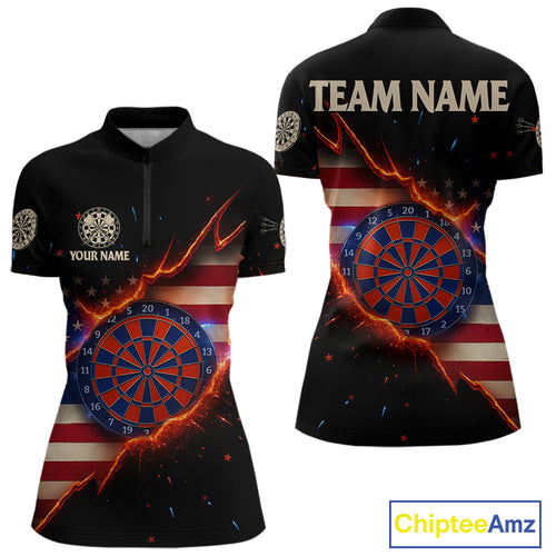 Fire American Flag Darts Quarter-Zip Shirt For Women Custom Name & Team Patriotic Dart League Shirt NYN2053
