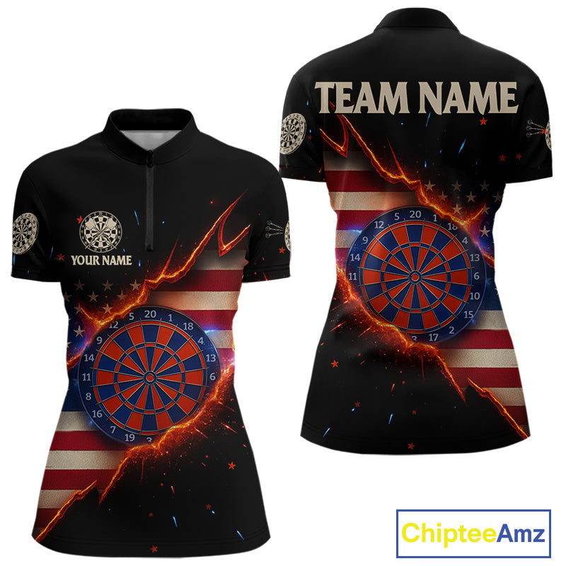 Fire American Flag Darts Quarter-Zip Shirt For Women Custom Name & Team Patriotic Dart League Shirt NYN2053