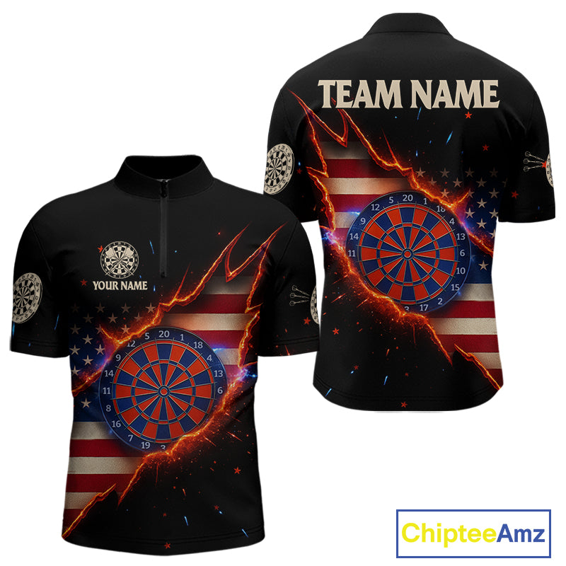 Fire American Flag Darts Quarter-Zip Shirt For Men Custom Name & Team Patriotic Dart League Shirt NYN2053