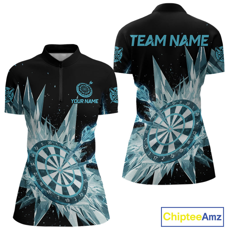 Blue Snow Ice Dartboard Women Darts Quarter-Zip Shirt Custom Name & Team Xmas Dart League Shirt NYN2057