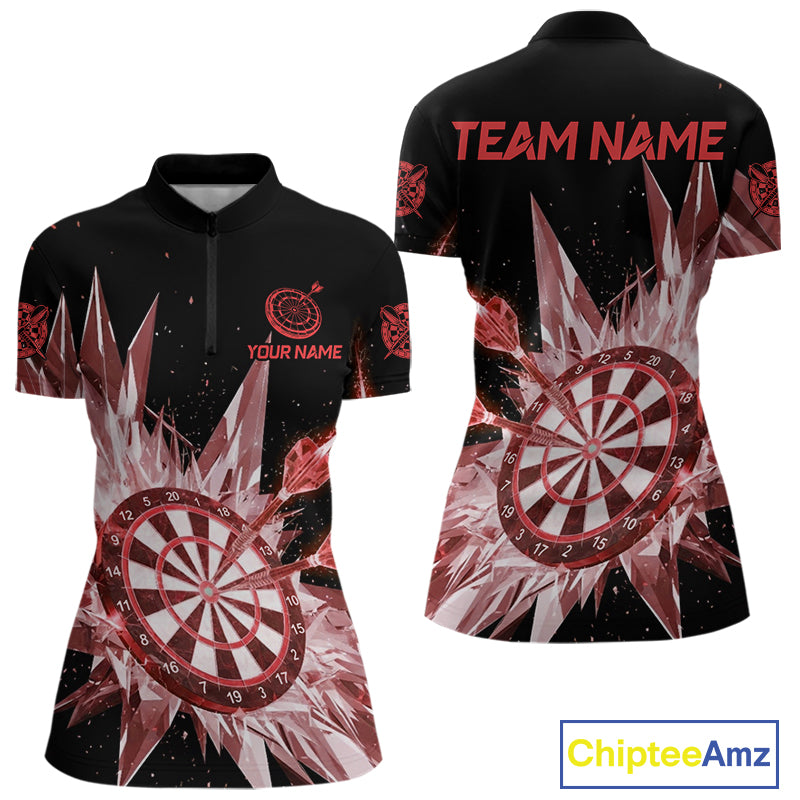 Red Snow Ice Dartboard Women Darts Quarter-Zip Shirt Custom Name & Team Xmas Dart League Shirt NYN2059