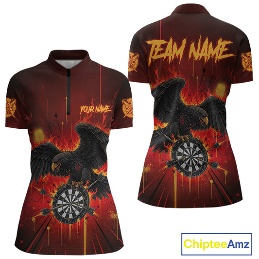 Red Flaming Eagle Dartboard Women Darts Quarter-Zip Shirt Custom Name & Team Dart League Shirt NYN2060