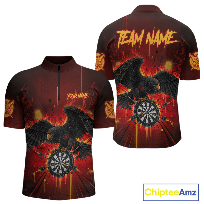 Red Flaming Eagle Dartboard Men Darts Quarter-Zip Shirt Custom Name & Team Dart League Shirt NYN2060