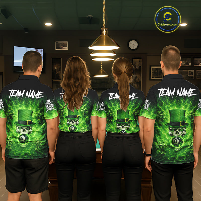 Flaming Shamrock Skull Pool 8 Ball Men Billiard Shirt Custom St Patrick's Day Billiard Team Attire NYN2561