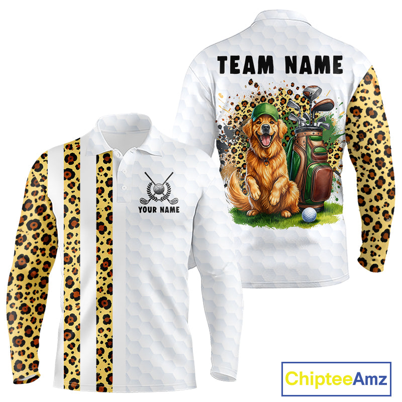 Golden retriever golf shirt with yellow leopard splatter funny golf polo long sleeve for men