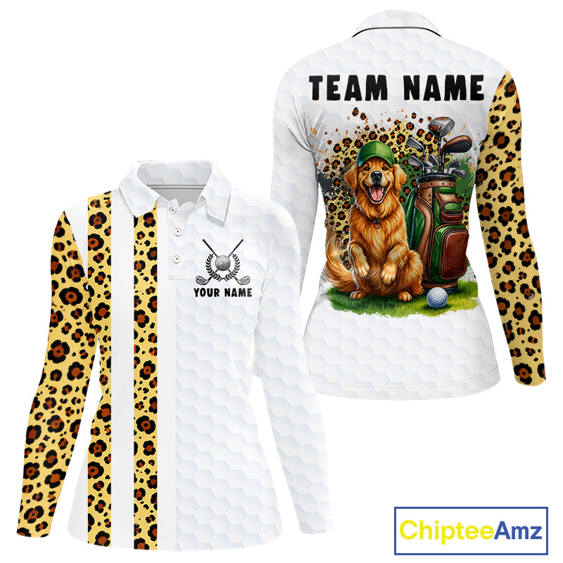 	Golden retriever golf shirt with yellow leopard splatter funny golf polo long sleeve for women