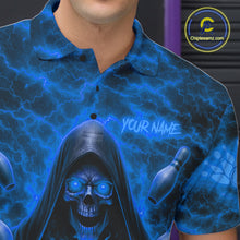Load image into Gallery viewer, Male bowler wearing Blue Lightning Thunder Skull Reaper bowling jersey personalized custom team uniform league tournament apparel