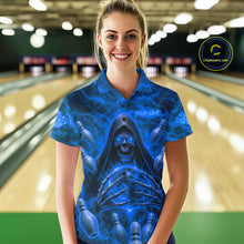 Load image into Gallery viewer, Female bowler wearing Blue Lightning Thunder Skull Reaper bowling jersey personalized custom bowling team uniform league tournament apparel