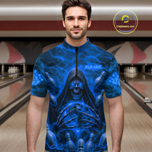 Load image into Gallery viewer, Male bowler wearing Blue Lightning Thunder Skull Reaper bowling jersey personalized custom team uniform league tournament apparel