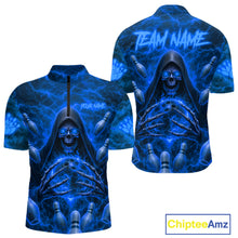 Load image into Gallery viewer, Lightning Thunder Skull Reaper Bowling Quarter-Zip Shirt For Men Custom Bowling Team Jersey Personalized League Bowler Apparel Blue Skull Design