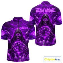 Load image into Gallery viewer, Lightning Thunder Skull Reaper Bowling Quarter-Zip Shirt For Men Custom Purple Bowling Team Jersey Personalized League Uniform