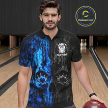 Load image into Gallery viewer, Male bowler wearing Blue And Black Camouflage Skull bowling jersey personalized bowling team uniform