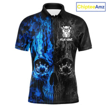 Load image into Gallery viewer, Blue And Black Camouflage Skull Bowling Polo Shirt For Men Custom Bowling Team Jersey Personalized League Bowler Apparel