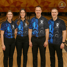 Load image into Gallery viewer, Men women bowling team wearing Blue And Black Camouflage Skull bowling jerseys matching league uniforms