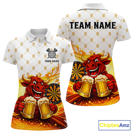 Bull & Cheer Beers Dartboard Custom Funny Darts Polo Shirts Women Dart Team Jerseys | White NYN2273