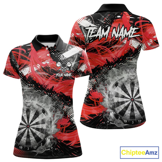 Red & Grey Smokes Dartboard Custom Women Darts Polo Shirts Grunge Dart League Jerseys NYN2279