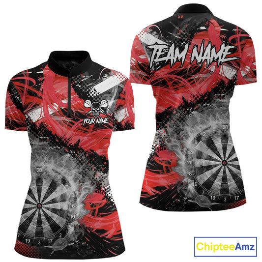 Red & Grey Smokes Dartboard Custom Women Darts Quarter-Zip Shirts Grunge Dart League Jerseys NYN2279