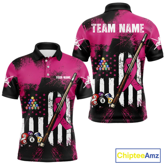 Pink Ribbon Grunge US Flag Patriotic Men Billiard Shirts Custom Breast Cancer Billiard Jerseys  NYN2943