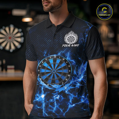 Custom Thunder Lightning Dartboard Men Dart Polo & 1/4-Zip Shirt, Gifts For Dart Players | Blue NYN3337