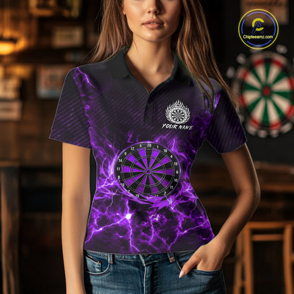 Custom Thunder Lightning Dartboard Women Dart Polo & 1/4-Zip Shirt, Gifts For Dart Players | Purple NYN3338