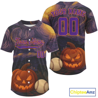 Custom Pumpkin Funny Halloween Baseball Jersey For Men Purple Halloween Baseball Shirt NYN0827