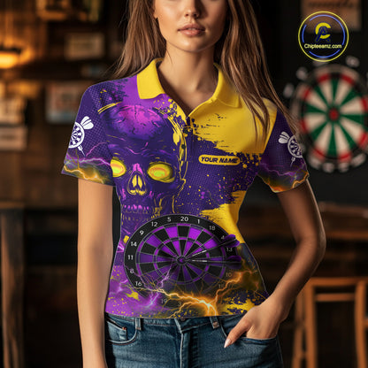 Female model wearing Skull Thunder dart polo, gothic dart fashion, personalized tournament apparel, confidence