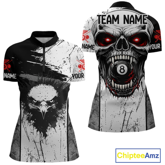 Red Grunge Skull 8 Ball Billiard Shirts For Women Custom Name Pool Billiard Team Jerseys NYN2288