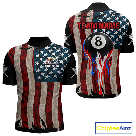 Grunge Dripping Pool 8 Ball Men Billiard Shirts Custom US Flag Patriotic Billiard Jerseys NYN2293
