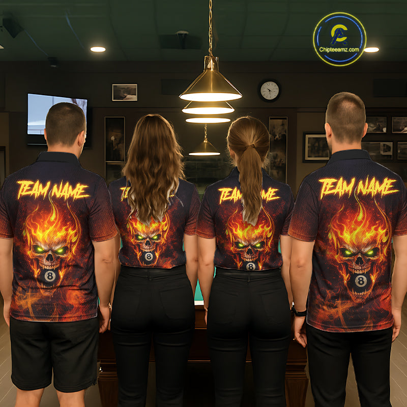 Orange Flaming Horror Skull 8 Ball Pool Men Billiard Polo & 1/4-Zip Shirt Custom Billiard Team Attire NYN2731