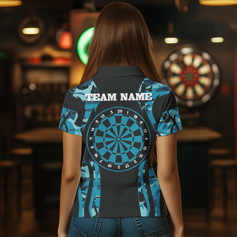 Custom Black And Turquoise Camo Deer Head Dart Shirts For Women Outfits Dart Jerseys NYN0037