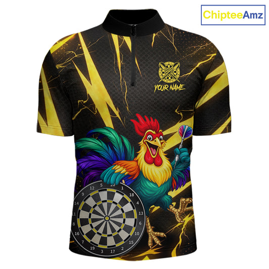 Funny Colorful Rooster Plays Darts Polo & Quarter Zip Shirt Custom Thunder Yellow Men Darts Jersey NYN2949