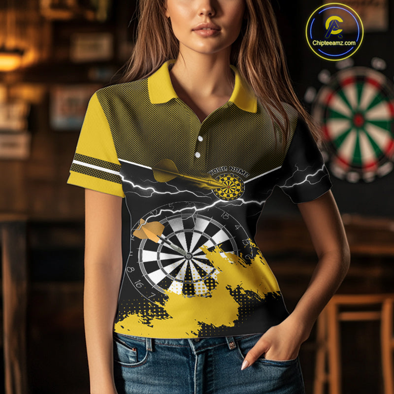 Yellow And Black Dartboard Lightning Darts Shirt For Women - Custom Team Name NYN0382