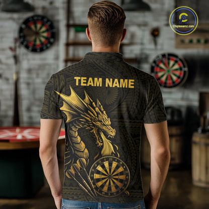 Custom Gold Tribal Pattern Dragon Darts Polo & 1/4 Zip Shirt For Men Darts Team League Jersey NYN3355