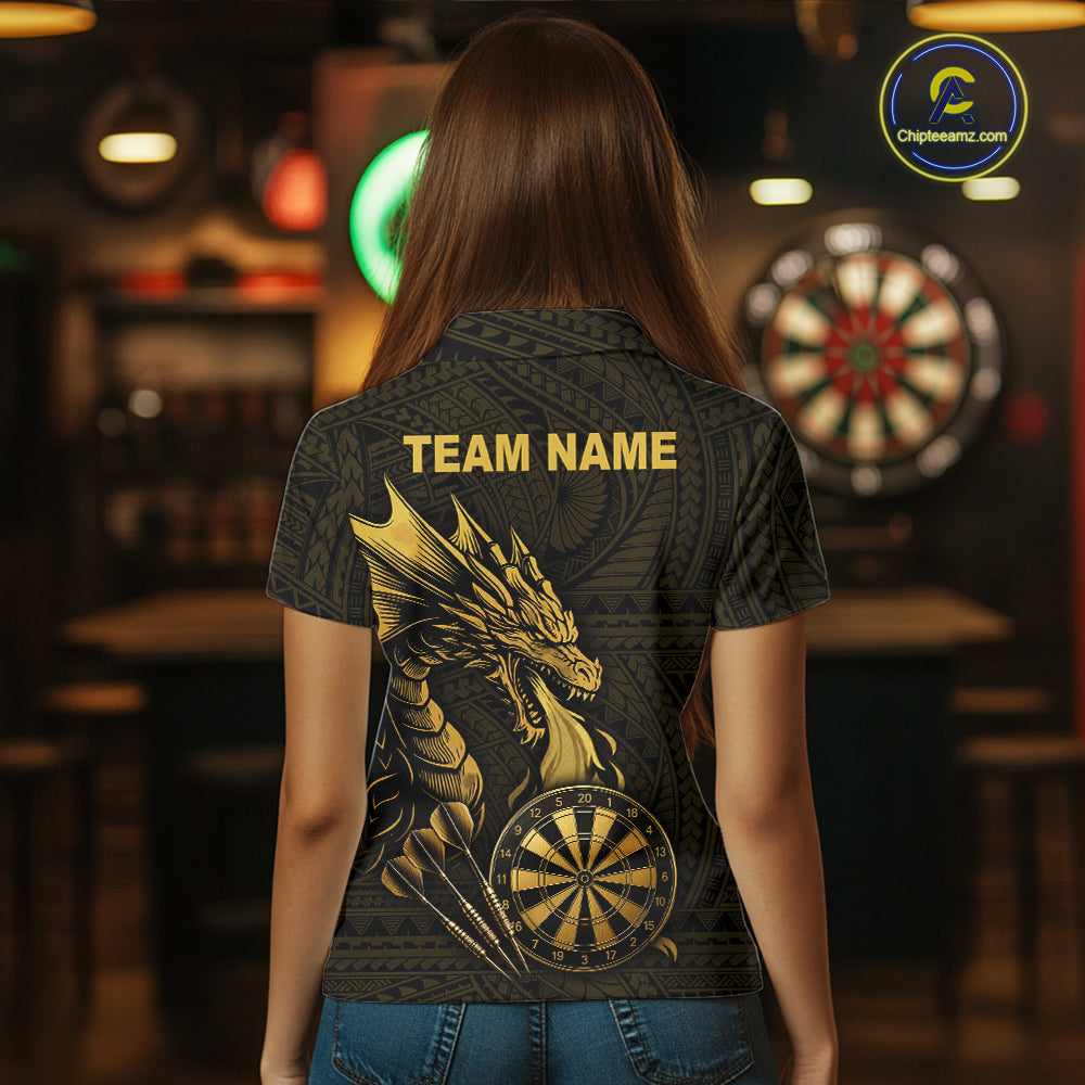 Custom Gold Tribal Pattern Dragon Darts Polo & 1/4 Zip Shirt For Women Darts Team League Jersey NYN3355