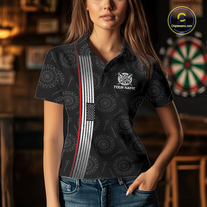 Custom Womens Dartboard Polo & 1/4-Zip Shirt American Flag Thin Red Line Patriotic Darts Jersey NYN3357