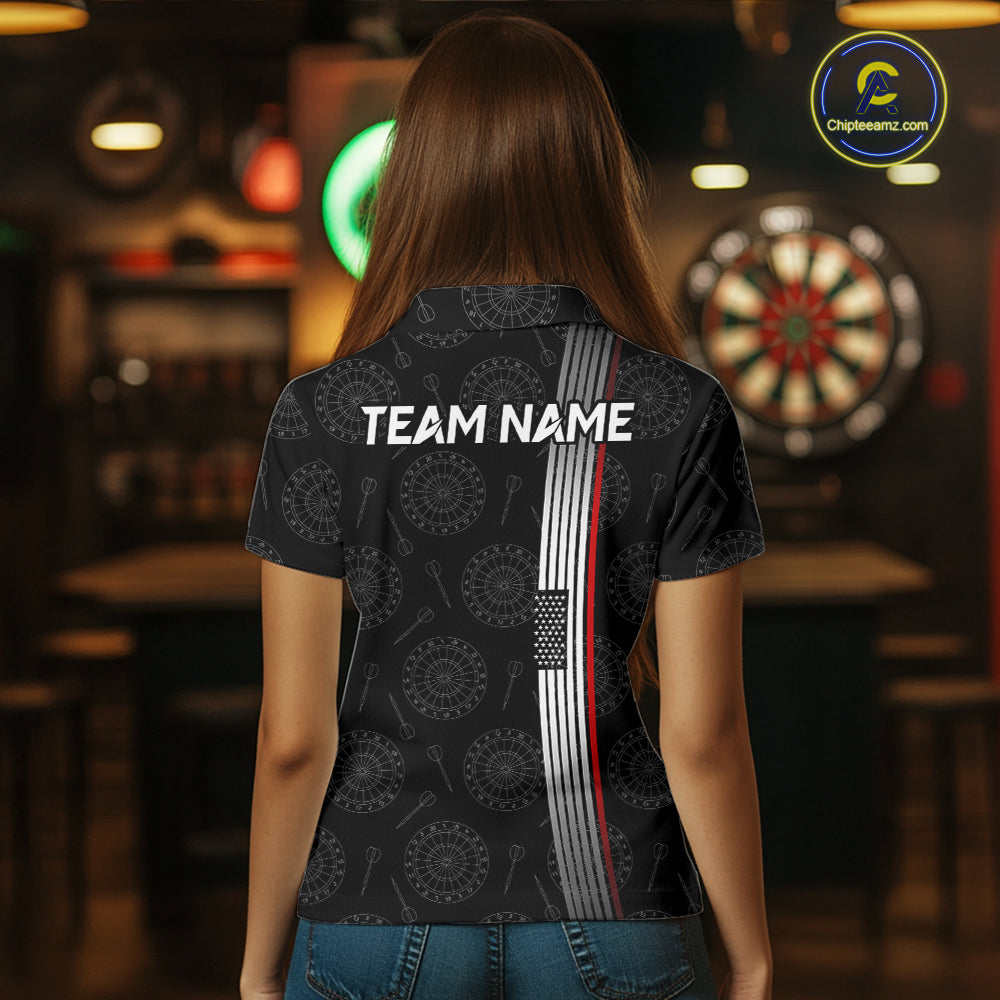 Custom Womens Dartboard Polo & 1/4-Zip Shirt American Flag Thin Red Line Patriotic Darts Jersey NYN3357