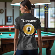 Load image into Gallery viewer, Female billiard player wearing personalized Black 9 Ball pool shirt