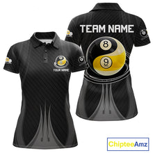 Load image into Gallery viewer, Personalized Black 8 Ball and 9 Ball women's billiard polo shirt custom pool team jersey