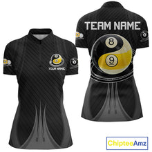 Load image into Gallery viewer, Black 8 Ball &amp; 9 Ball Women's Billiard Quarter-Zip Shirt Custom Pool League Team Uniform