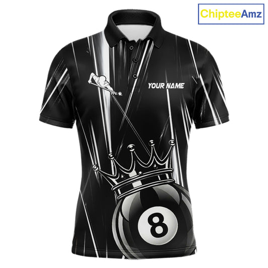 Black And White Crown 8 Ball Billiard Polo Shirt For Men, Lightning Pool Team Jersey, Custom Billiards Apparel