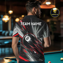 Load image into Gallery viewer, Male Pool Player Wearing Thunder Red 8 Ball Billiard Shirt, Competitive Pool League Apparel