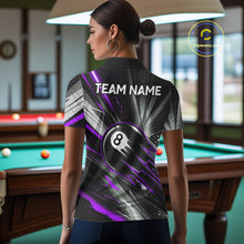 Load image into Gallery viewer, Female billiard player wearing Thunder Purple 8 Ball Strike custom billiard jersey