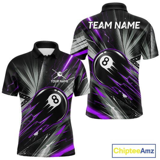 Thunder Purple 8 Ball Strike Billiard Polo Shirt For Men, Custom Pool Team Jersey, Lightning Billiards Apparel, Tournament Shirt