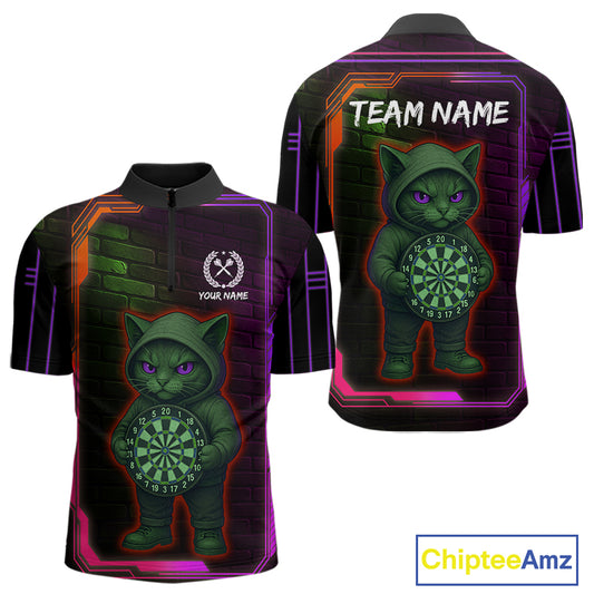 Lightning Cat Tech Purple & Blue Neon Dartboard Men's Dart Quarter-Zip Shirt Funny Dart Jerseys NYN1793