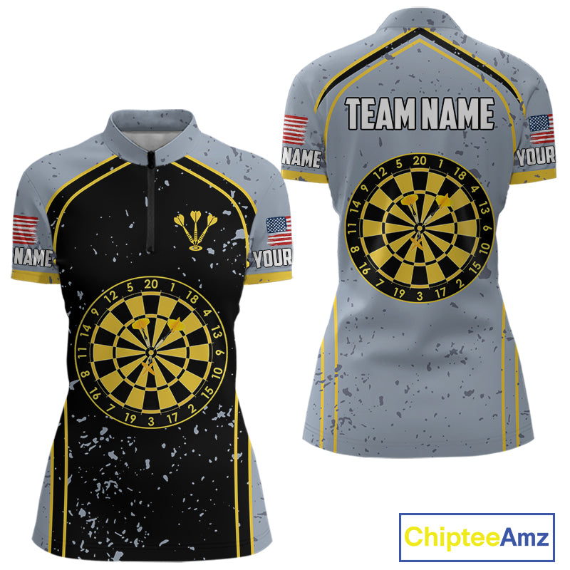 Custom Grey And Yellow US Flag Dartboard Dart Shirts For Women Patriotic Dart Team Jerseys NYN0042