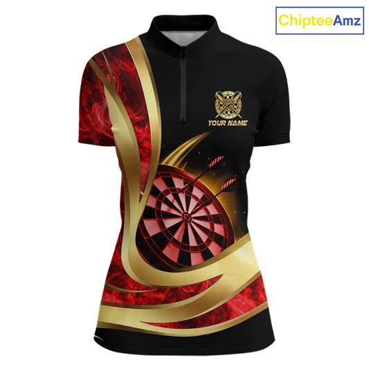 Personalized Red Flaming Thunder Darts Polo & 1/4-Zip Shirt For Women Gold Dart Team Dart Jerseys NYN2957