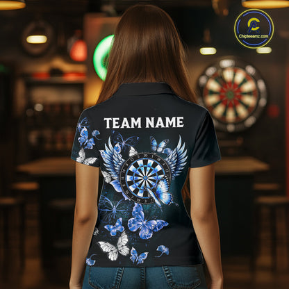 Custom Blue Butterfly Dart Polo & 1/4-Zip Shirt For Women Darts Team Shirt With Butterflies NYN3350