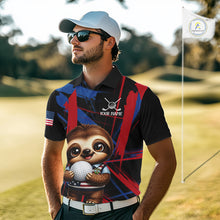 Load image into Gallery viewer, Male golfer wearing artistic sloth golf polo during casual golf outing, perfect for family golf events and humorous golf fashion.