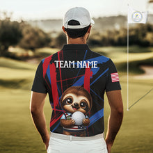 Load image into Gallery viewer, Male golfer wearing artistic sloth golf polo during casual golf outing, perfect for family golf events and humorous golf fashion.