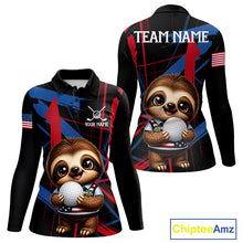 Load image into Gallery viewer, Women's funny golf polo with sloth artwork and colorful brush textures, lightweight golf shirt for ladies golf teams, golf clubs and golf gifts.
